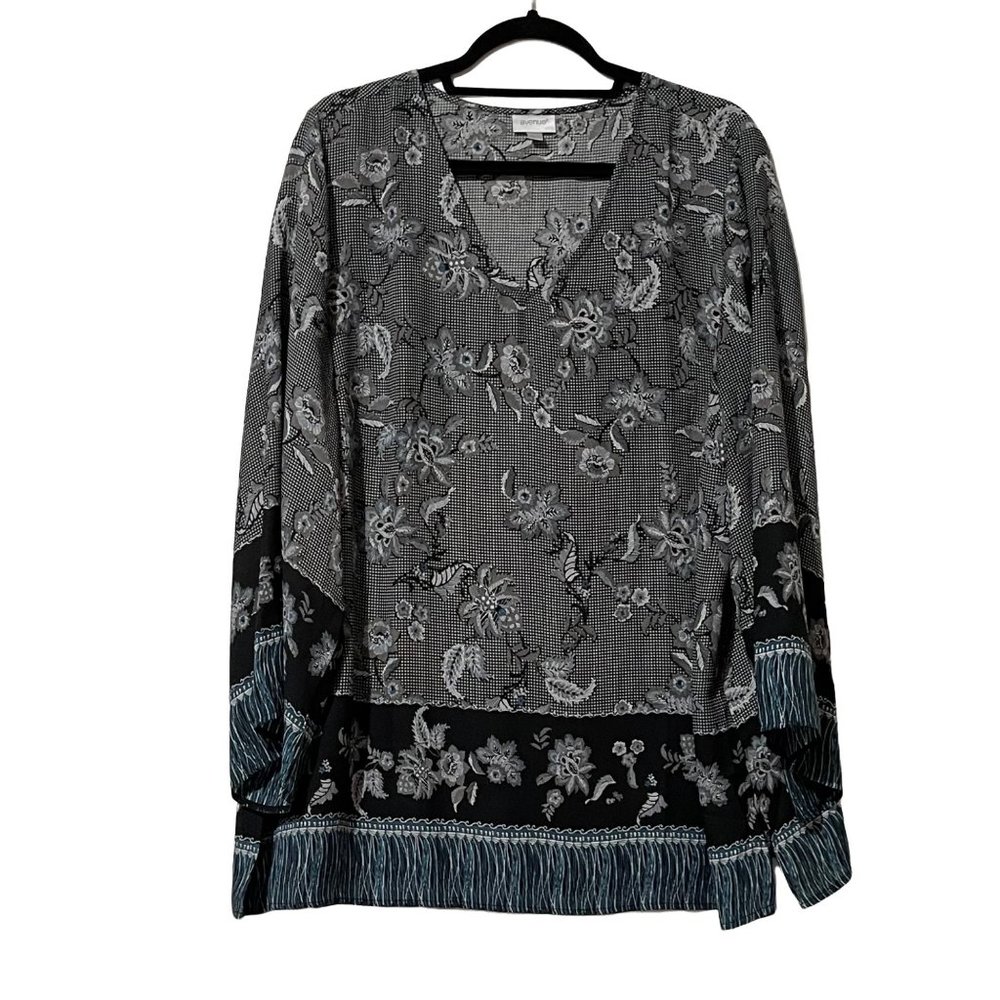 Avenue women's size 18/20 black print flowy long bell sleeve v neck tunic